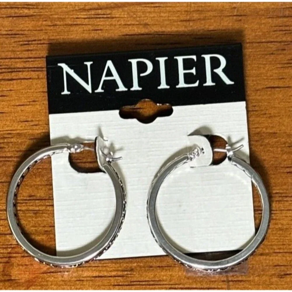 Napier Earrings Silver Toned Hoops Etched Black Design Brand New on Card